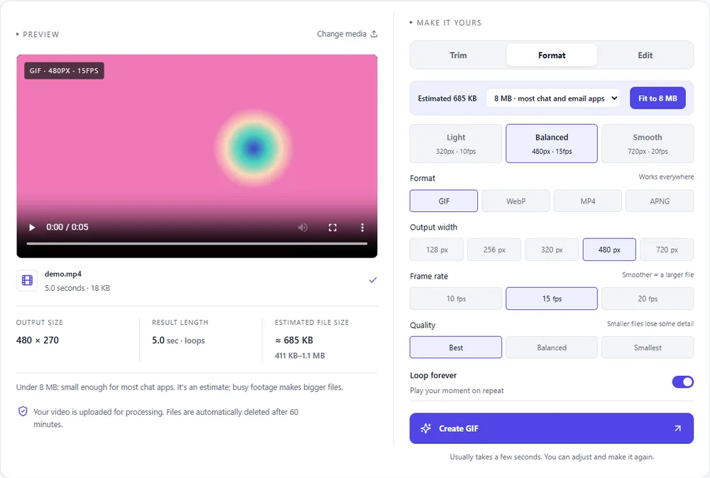 The Format tab with GIF, WebP, MP4 and APNG options, width and frame rate buttons, and a Fit to 8 MB button with a size menu