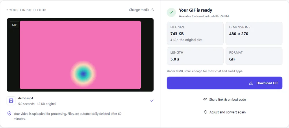 A finished GIF with its file size, dimensions, length and format, and a Download GIF button